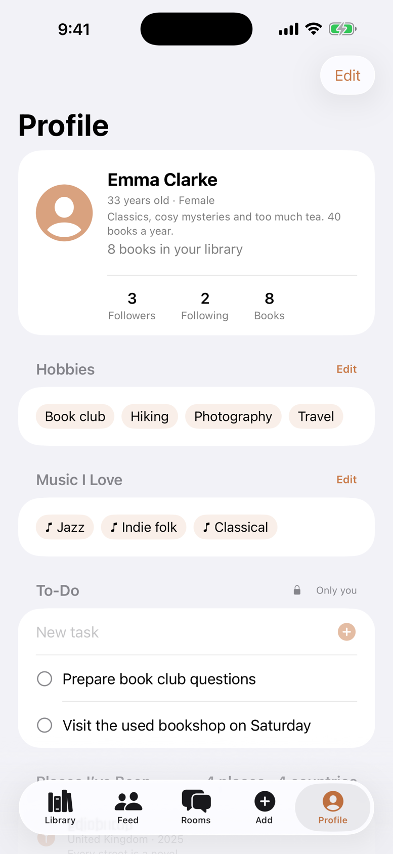 Profile: hobbies, music, places