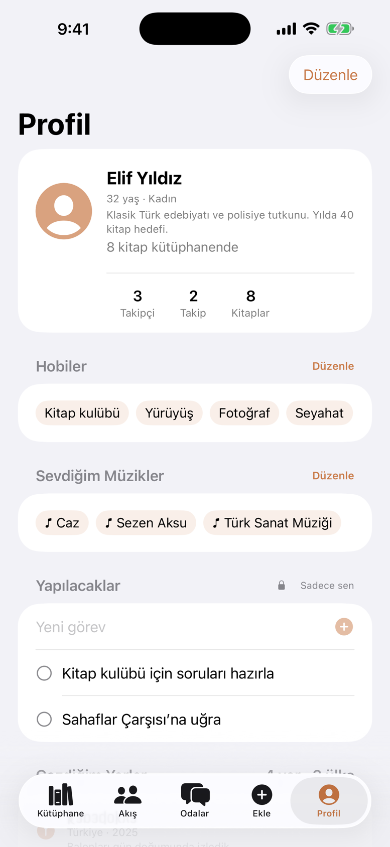 Profil: hobiler, müzik, gezilen yerler